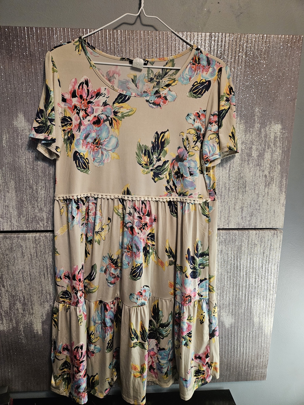 HEIMISH USA Beige Floral Tiered Mini Dress with Pink & Blue Blooms